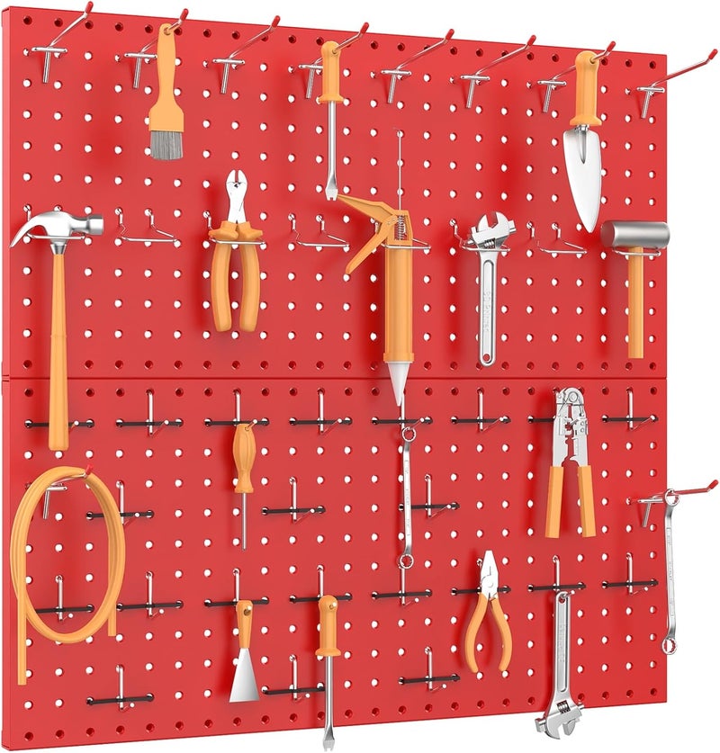 TORACK Metal Pegboard Wall Organizer 24" x 24" or 12" x 48", 70 PCS Tool Storage Pegboard for Garage Tool Organizer Board with Pegboard Hooks for Workbench(Red) - Image 2